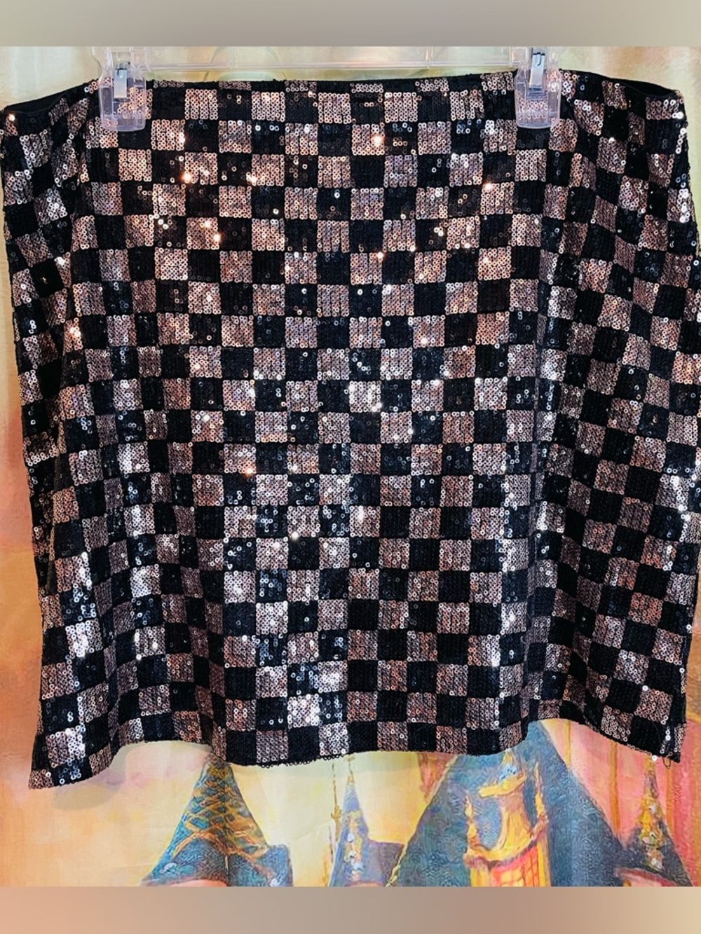 Pink Lily Sequin Checkerboard Mini Skirt in Black and Rose Gold